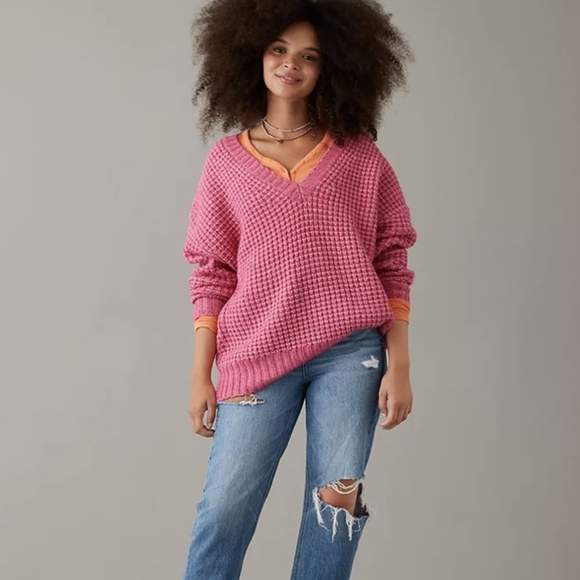 AE oversized barbie pink Cozy Waffle V-Neck Sweater oversized XS - Picture 15 of 16
